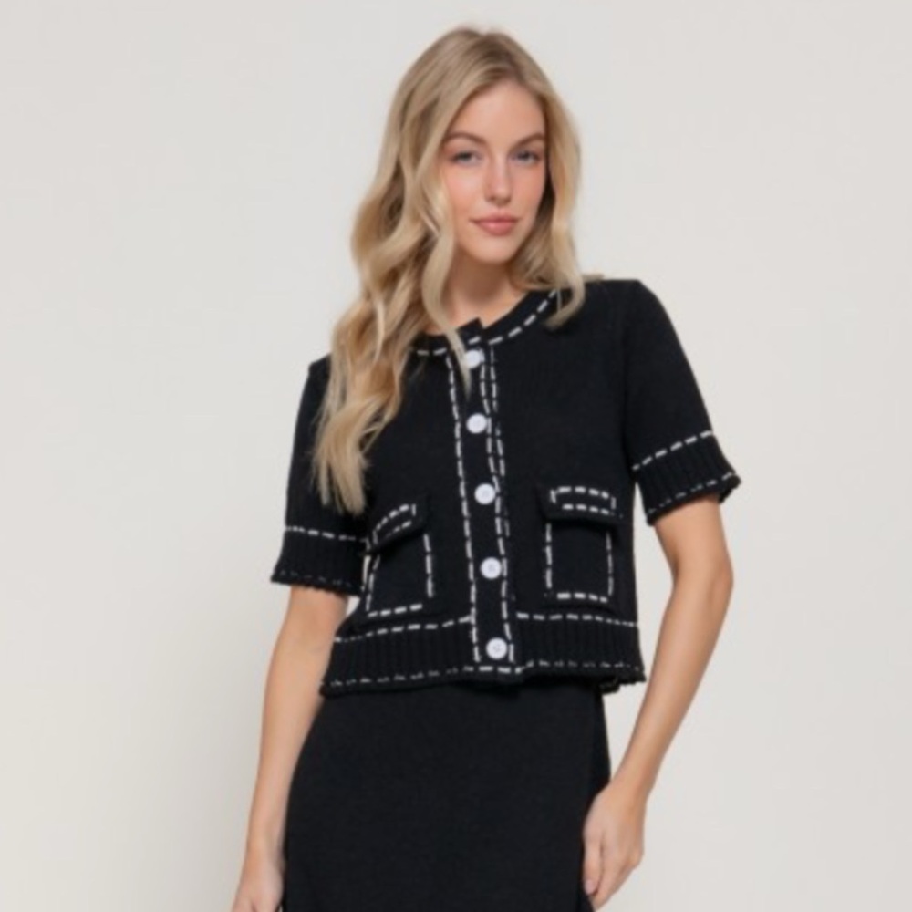 Black Short-Sleeve Button Cardigan with Contrast Trim